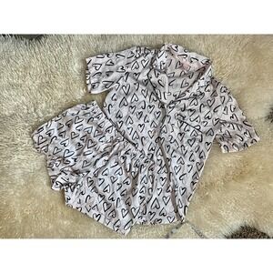 Victorias Secret 2pc Pink Black Heart Shorts Button Down Top Set Valentines Sz M